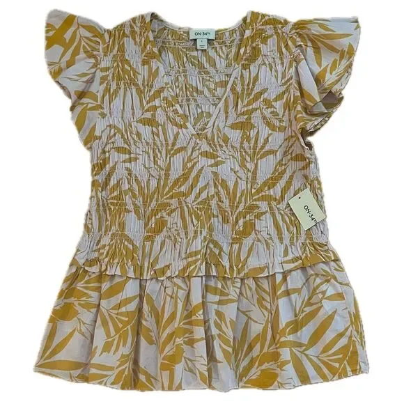 On 34th Cap Sleeve Tropical Peplum Top Pink Yellow Size Large for Macy's - Picture 3 of 9